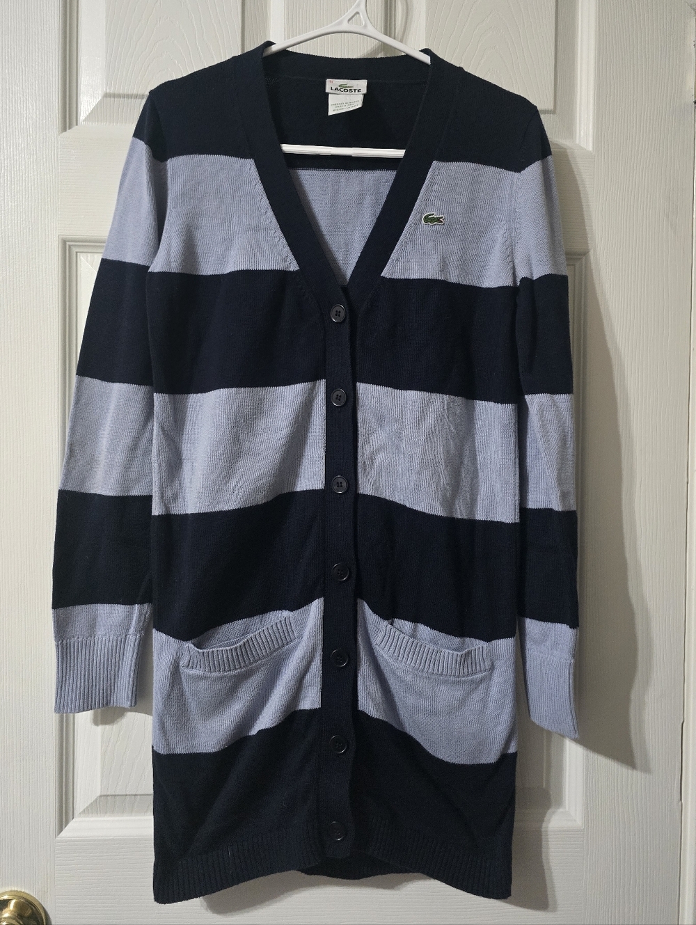 Y2K Lacoste Rugby Stripe Tunic Length Button Down Cotton Knit Cardigan Sweater. - Picture 2 of 12